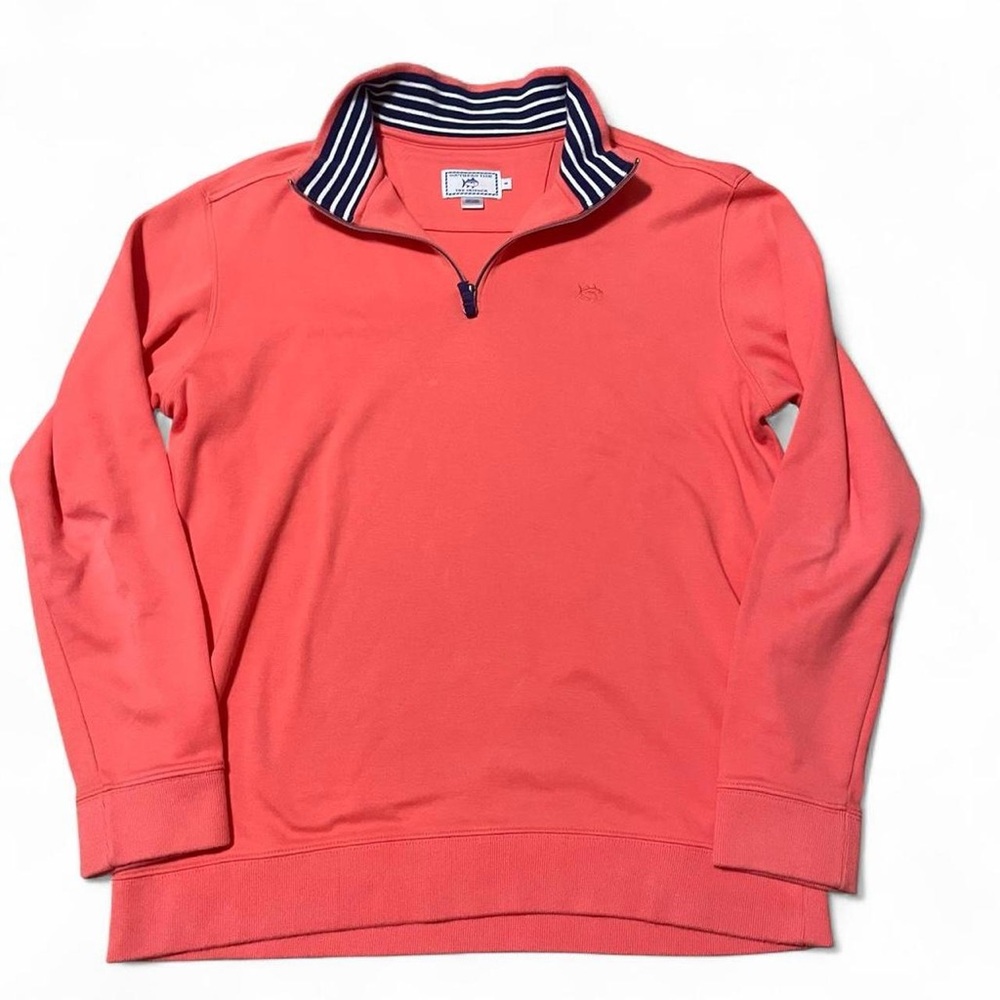 Men's Southern Tide Coral Quarter-Zip Sweater with Striped Collar